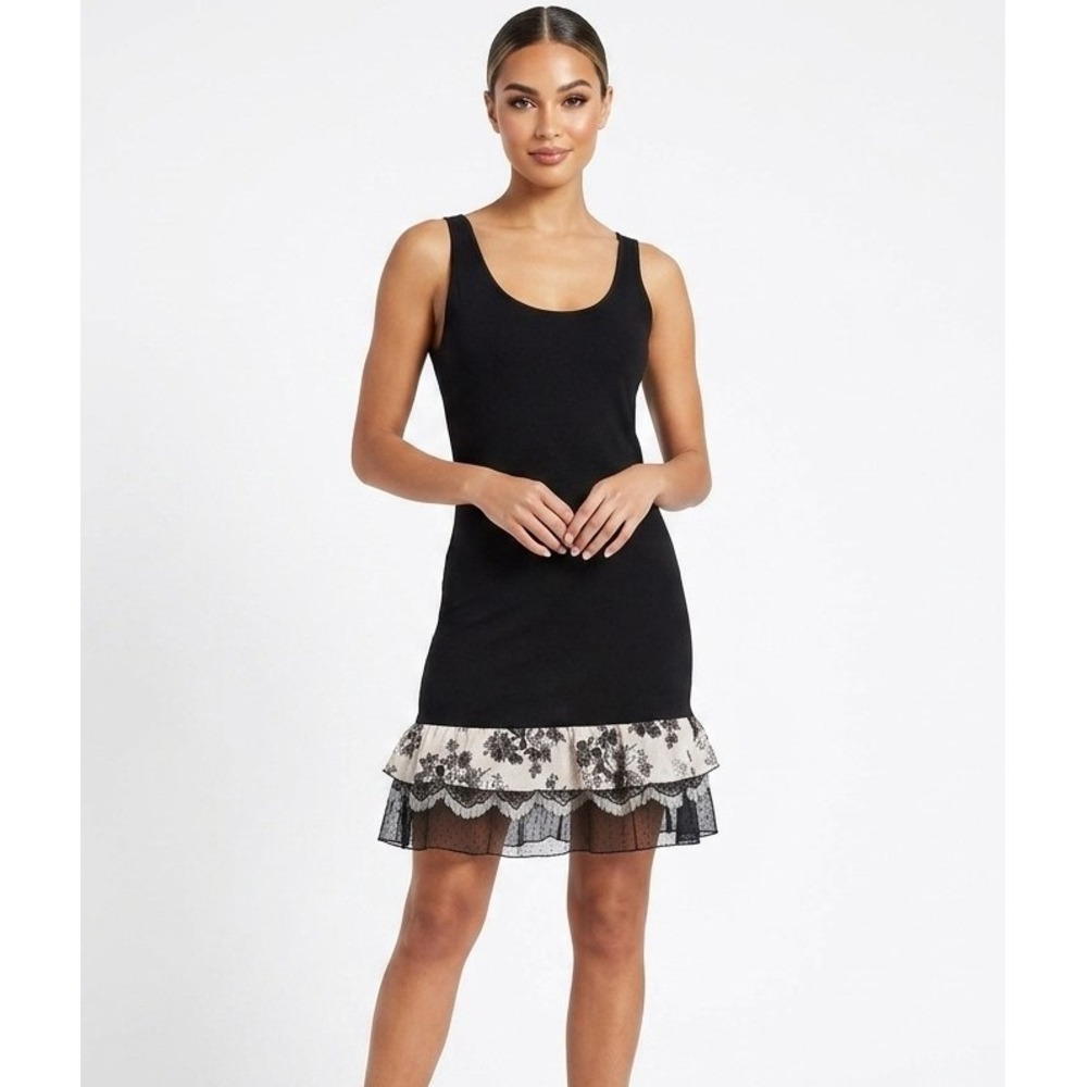 Renee C. M Black Bodycon Slip Dress Lace Ruffle Hem Racerback Sleeveless Slinky
